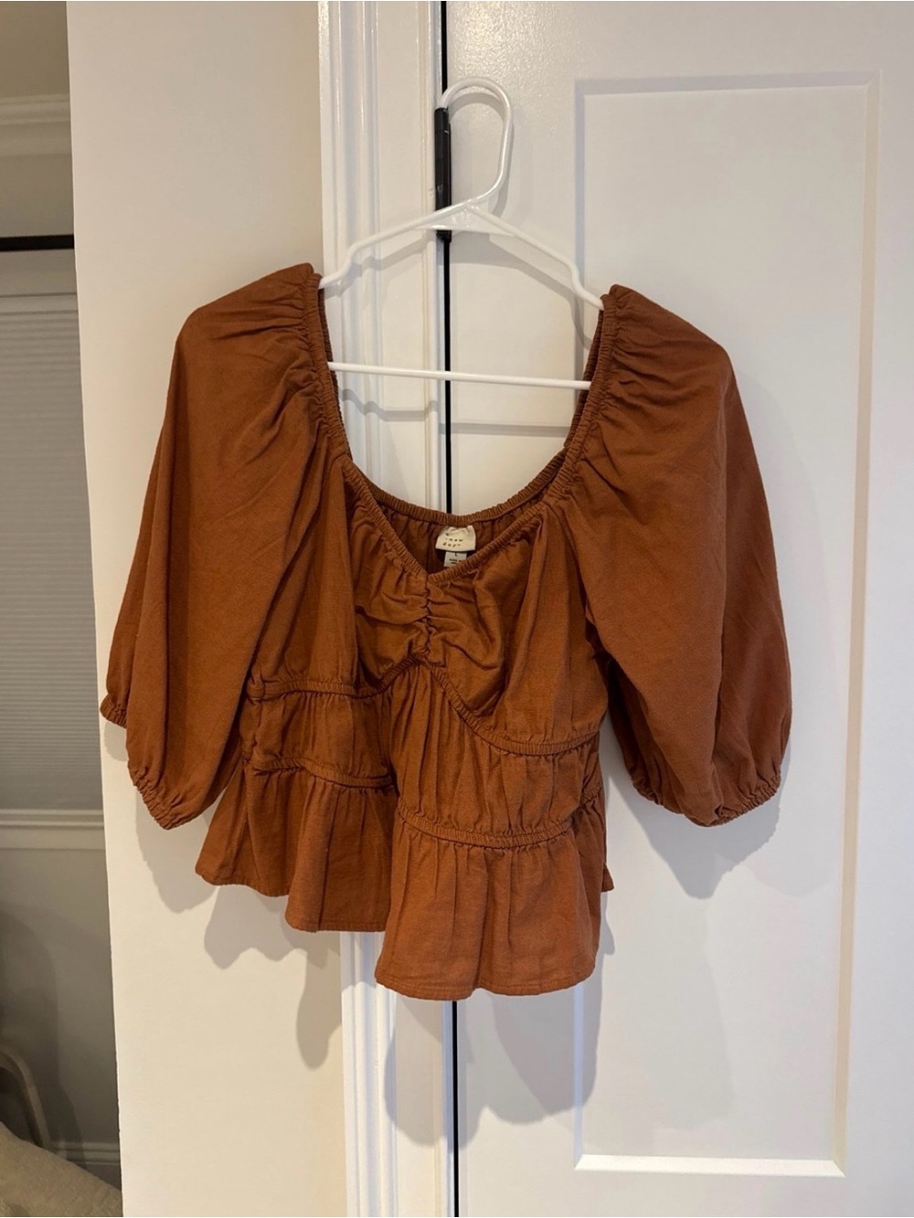 Rust Peasant Blouse with Puff Sleeves - Women